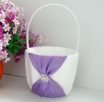 White Wedding Isle Flower Girl Petal Basket with Purple Ribbon & Diamante Ring Design